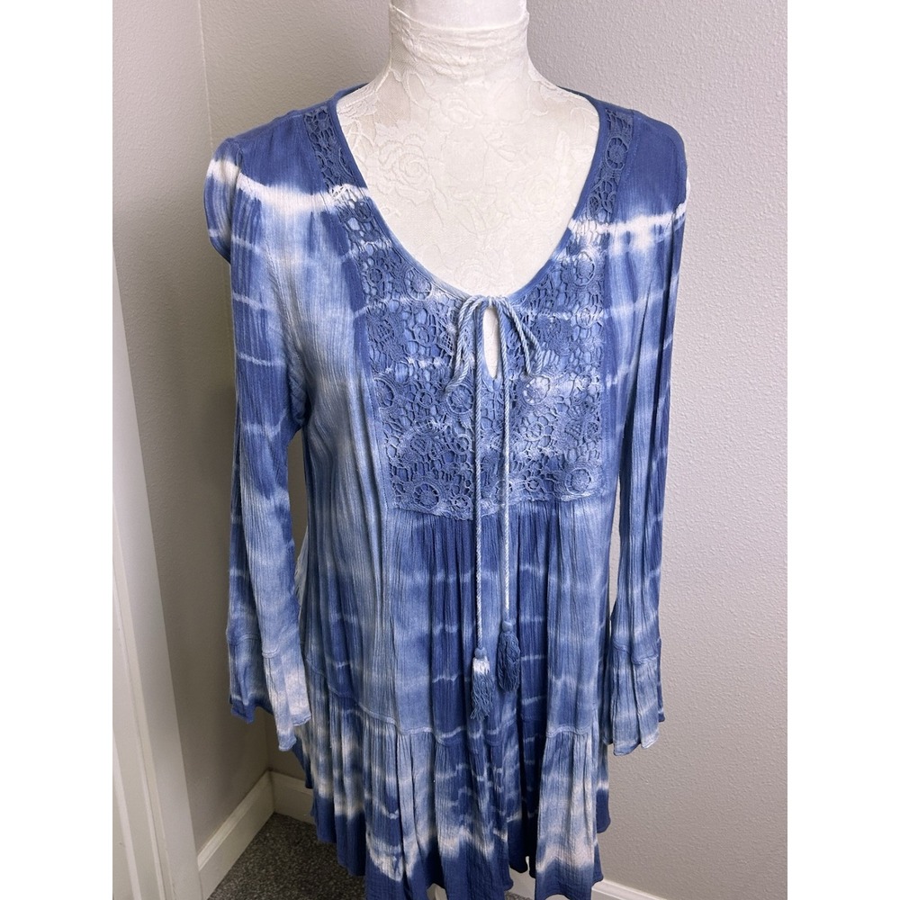 Monoreno Blue Tie Dye Peasant Top~L~Bell Slvs Ruffle Hem Boho Hippie Festival